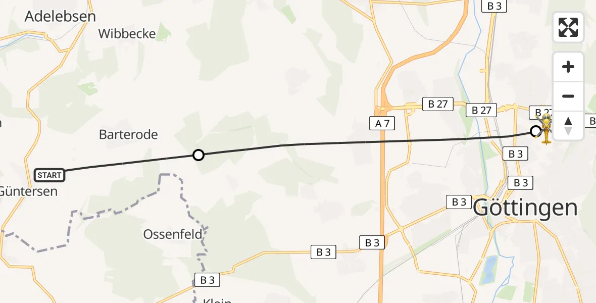 Flugroute Rettungshubschrauber Adelebsen - Göttingen University Clinic Hubschrauberlandeplatz, 26 Juni 2026, 19:23