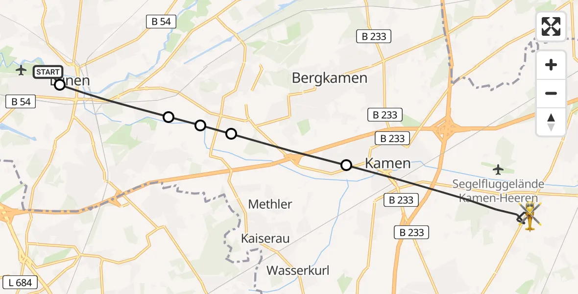 Flugroute Rettungshubschrauber Sankt Marien Hospital - Kamen, 26 Juni 2026, 19:25