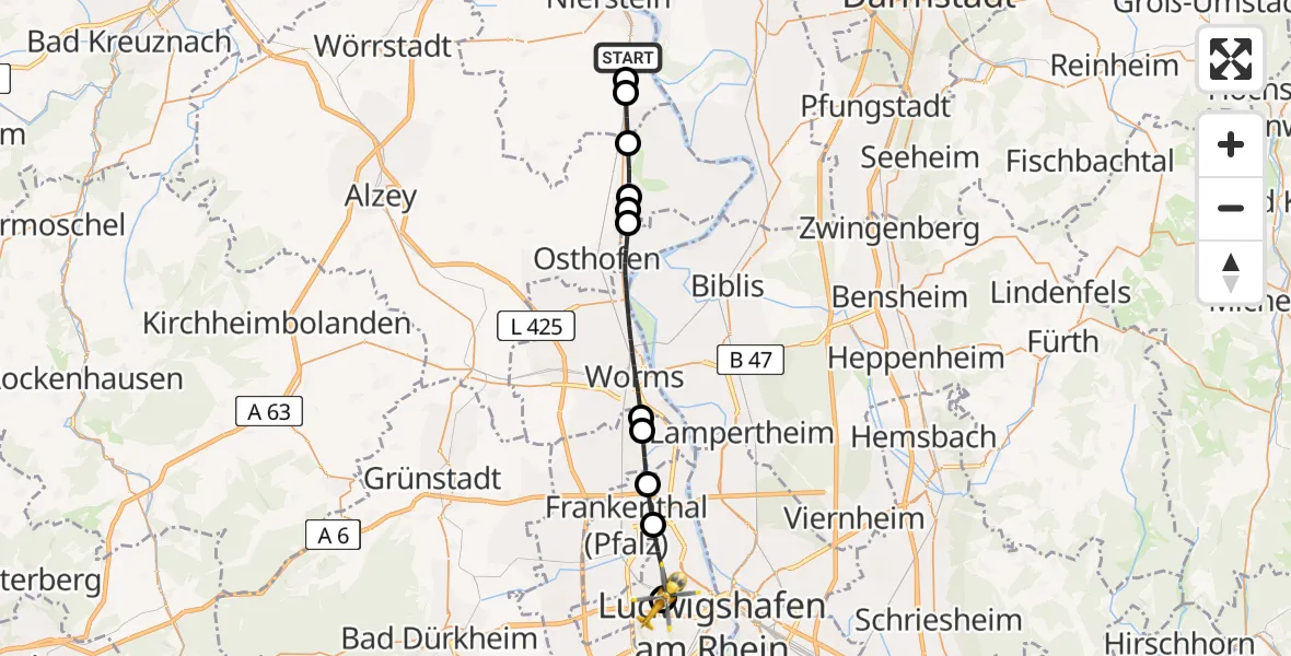 Flugroute Rettungshubschrauber Dienheim - Ludwigshafen Accident Hospital, 26 Juni 2026, 19:27