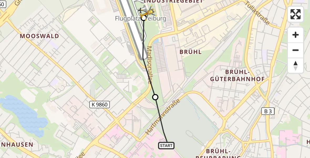 Flugroute Ambulanzhubschrauber Freiburg University Hospital Heliport 1 - Freiburg im Breisgau Flugplatz, 26 Juni 2026, 19:28