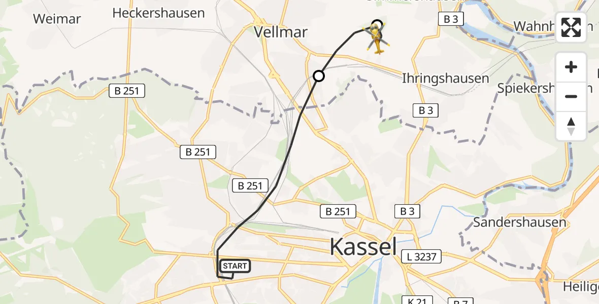 Flugroute Rettungshubschrauber Kassel - Fuldatal Bundespolizei Hubschrauberlandeplatz, 26 Juni 2026, 19:30