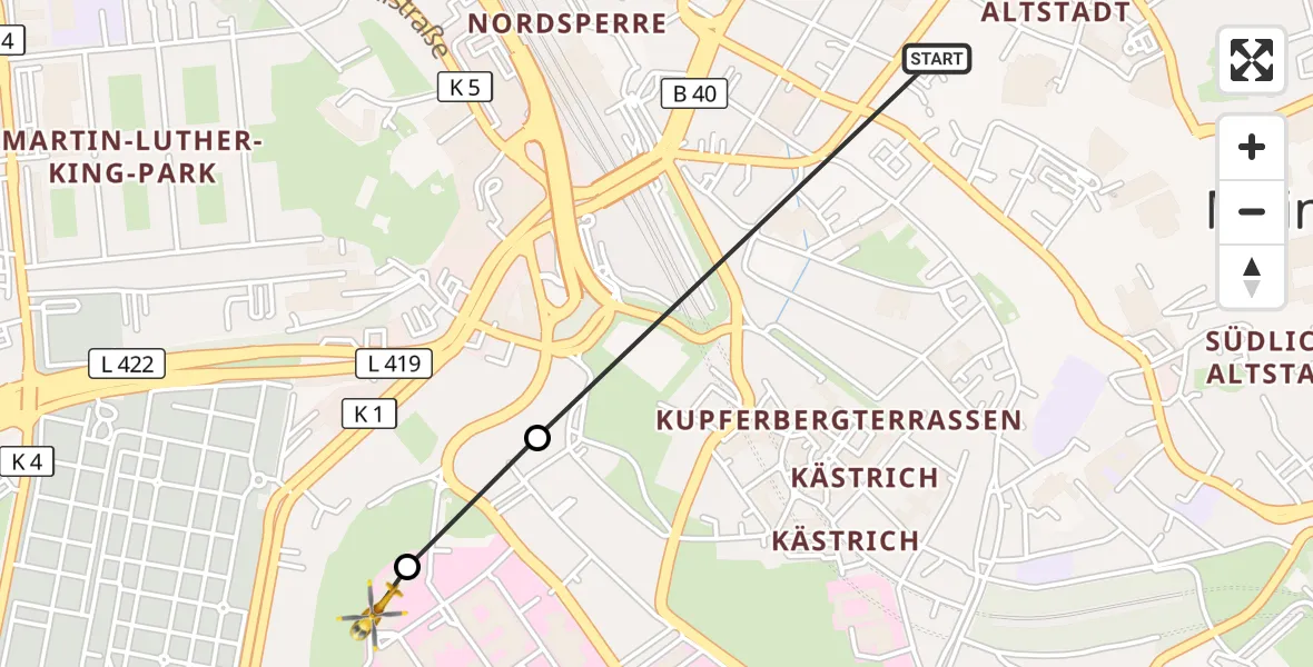 Flugroute Rettungshubschrauber Mainz - Mainz University Hospital, 26 Juni 2026, 19:54