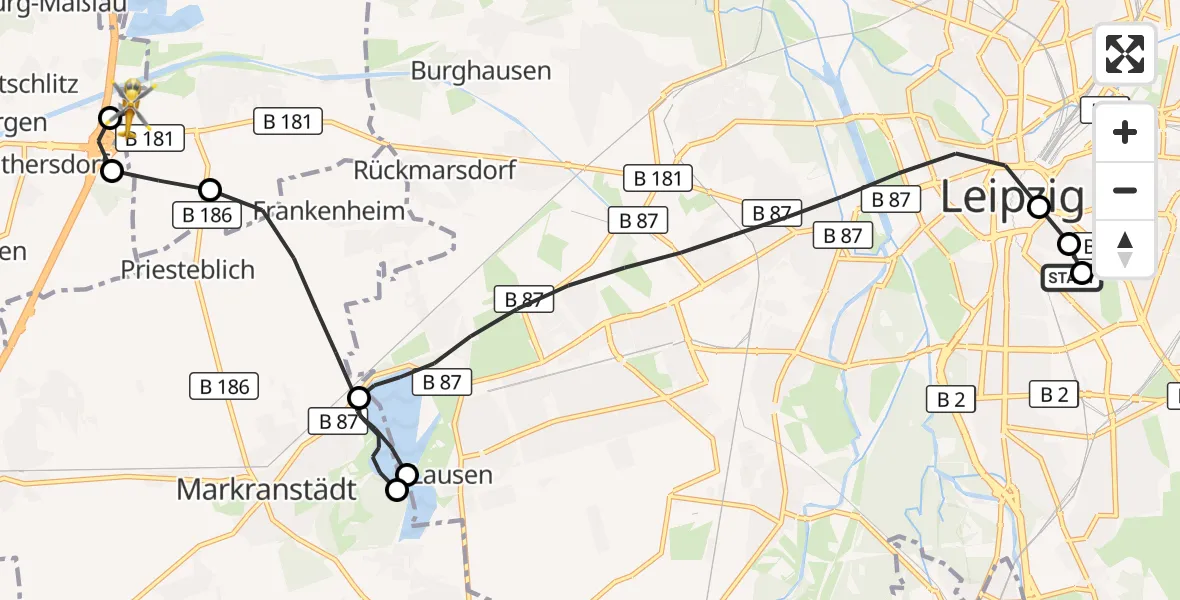 Flugroute Rettungshubschrauber Leipzig University Hospital Heliport 1 - ADAC Air Rescue Station Leipzig/Schkeuditz-Dölzig Hubschrauberlandeplatz (Christoph 61), 26 Juni 2026, 19:56