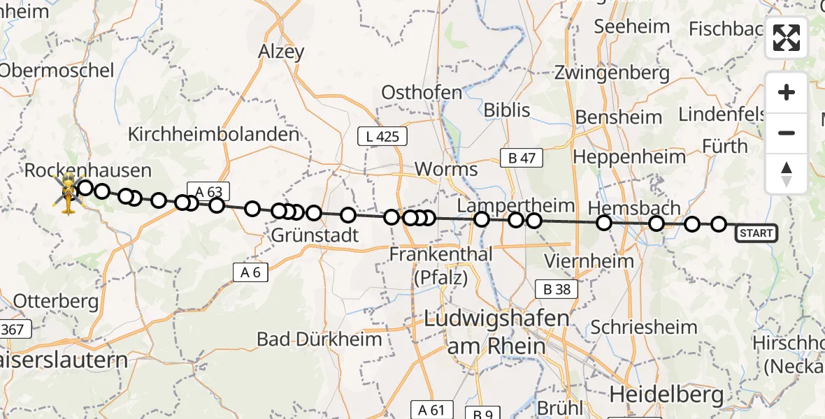 Flugroute Rettungshubschrauber Wald-Michelbach - Imsweiler UL, 26 Juni 2026, 19:58