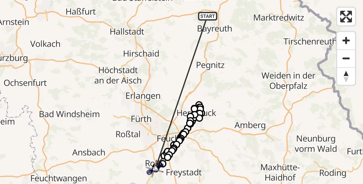 Flugroute Polizeihubschrauber Neudrossenfeld - Flugplatz Roth, 26 Juni 2026, 20:00