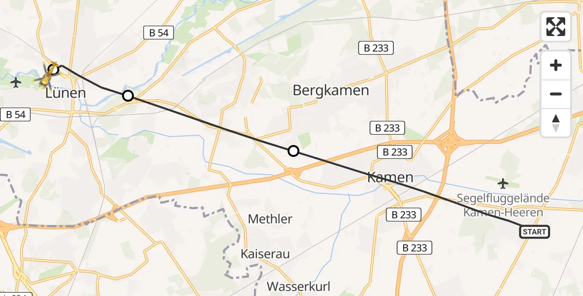 Flugroute Rettungshubschrauber Kamen - Sankt Marien Hospital, 26 Juni 2026, 20:07