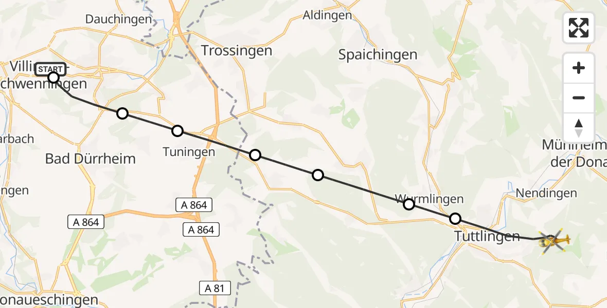 Flugroute Ambulanzhubschrauber DRF Air Rescue Station Villingen-Schwenningen Hubschrauberlandeplatz (Christoph 11) - Tuttlingen, 26 Juni 2026, 20:09