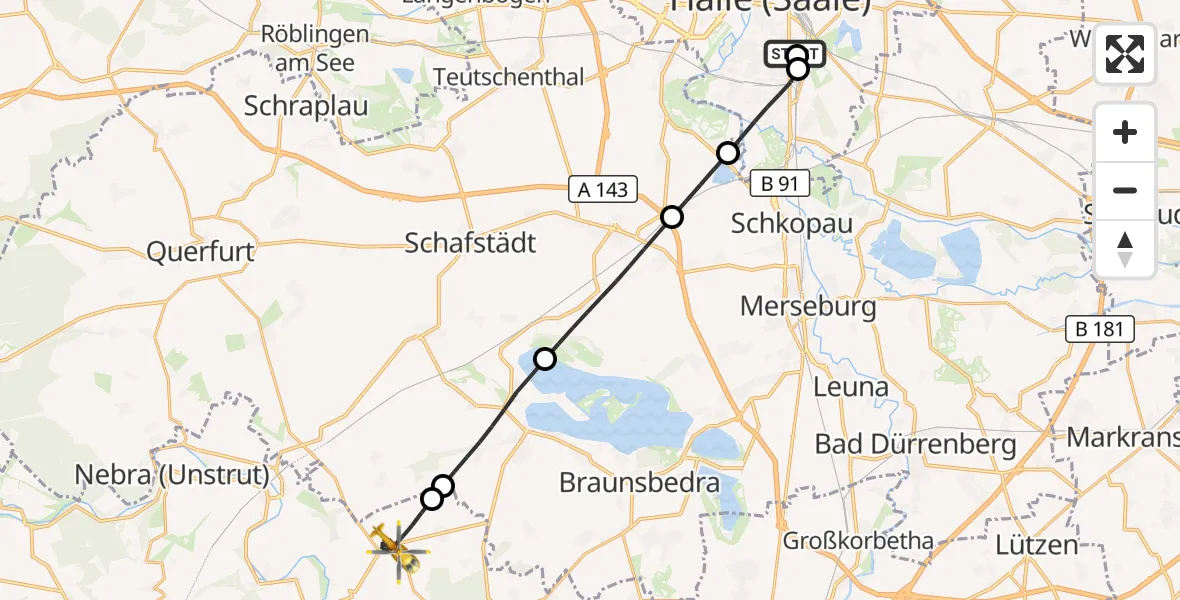 Flugroute Ambulanzhubschrauber BG Hospital Bergmannstrost Halle - Gleina, 26 Juni 2026, 20:13