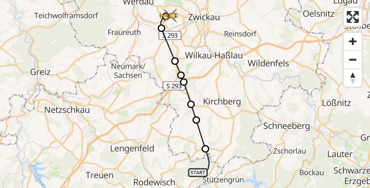Flugroute Rettungshubschrauber Steinberg - ADAC Air Rescue Station Zwickau Hubschrauberlandeplatz, 26 Juni 2026, 20:31