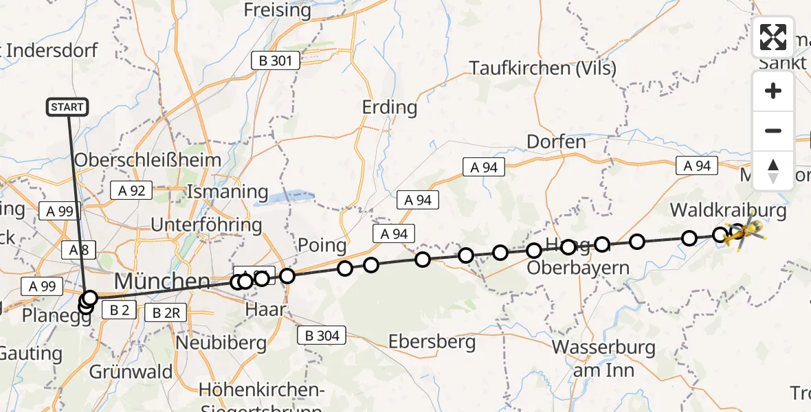 Flugroute Rettungshubschrauber Röhrmoos - Kraiburg a.Inn, 26 Juni 2026, 20:43