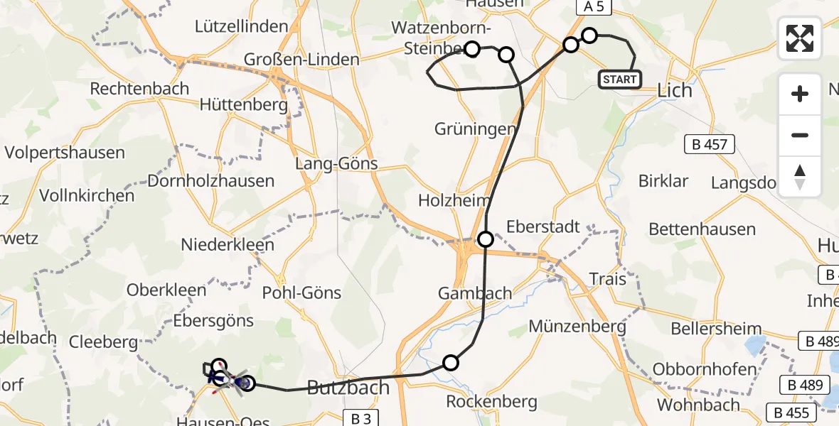 Flugroute Polizeihubschrauber Lich - Pfingstweide Flugplatz, 26 Juni 2026, 20:45