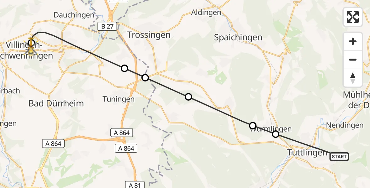 Flugroute Ambulanzhubschrauber Tuttlingen - DRF Air Rescue Station Villingen-Schwenningen Hubschrauberlandeplatz (Christoph 11), 26 Juni 2026, 20:45