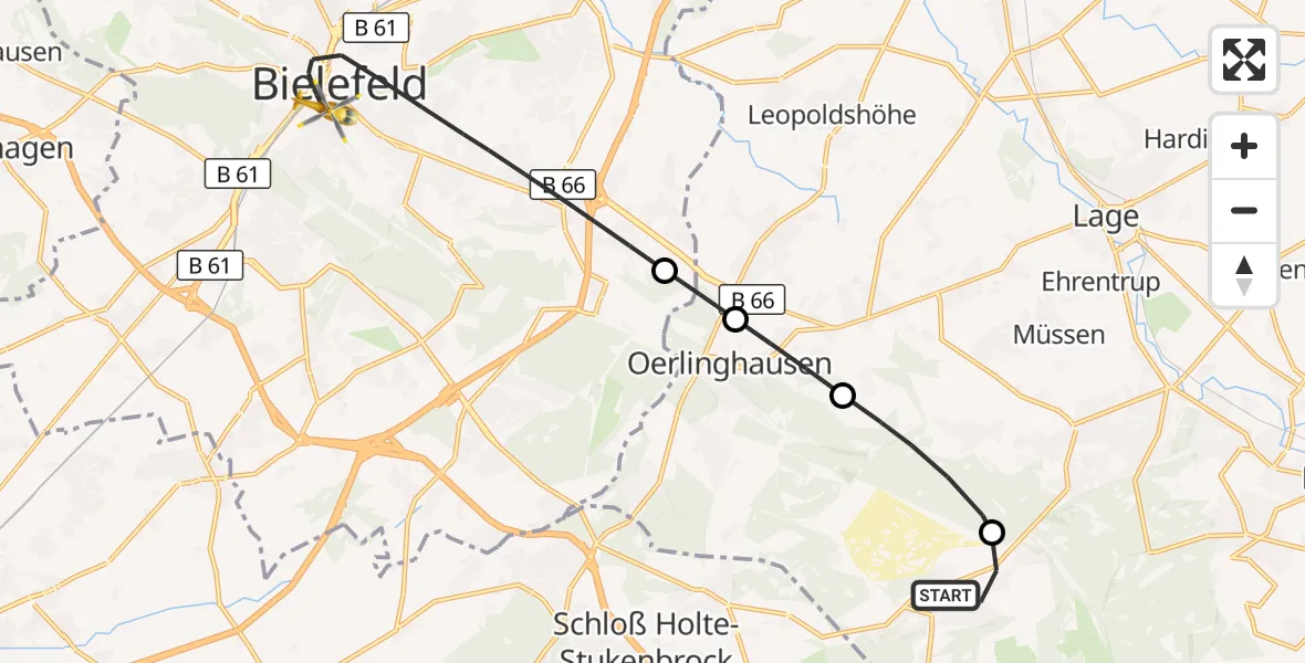 Flugroute Ambulanzhubschrauber Augustdorf - Bielefeld, 26 Juni 2026, 20:57