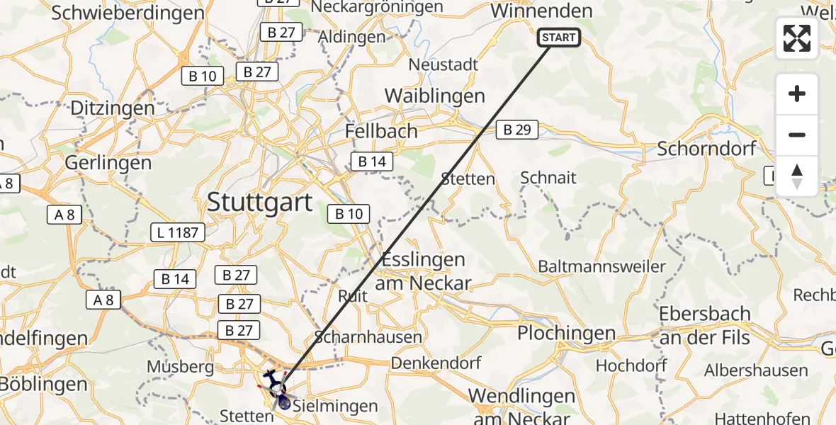Flugroute Polizeihubschrauber Winnenden - Flughafen Stuttgart, 26 Juni 2026, 21:04