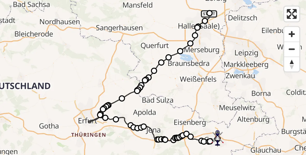 Flugroute Polizeihubschrauber Halle-Oppin Flugplatz - Gera-Leumnitz Flugplatz, 26 Juni 2026, 21:21