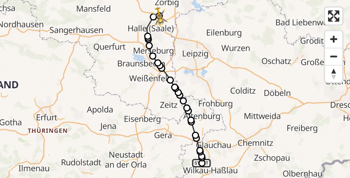Flugroute Rettungshubschrauber ADAC Air Rescue Station Zwickau Hubschrauberlandeplatz - Halle-Oppin Flugplatz, 26 Juni 2026, 21:24