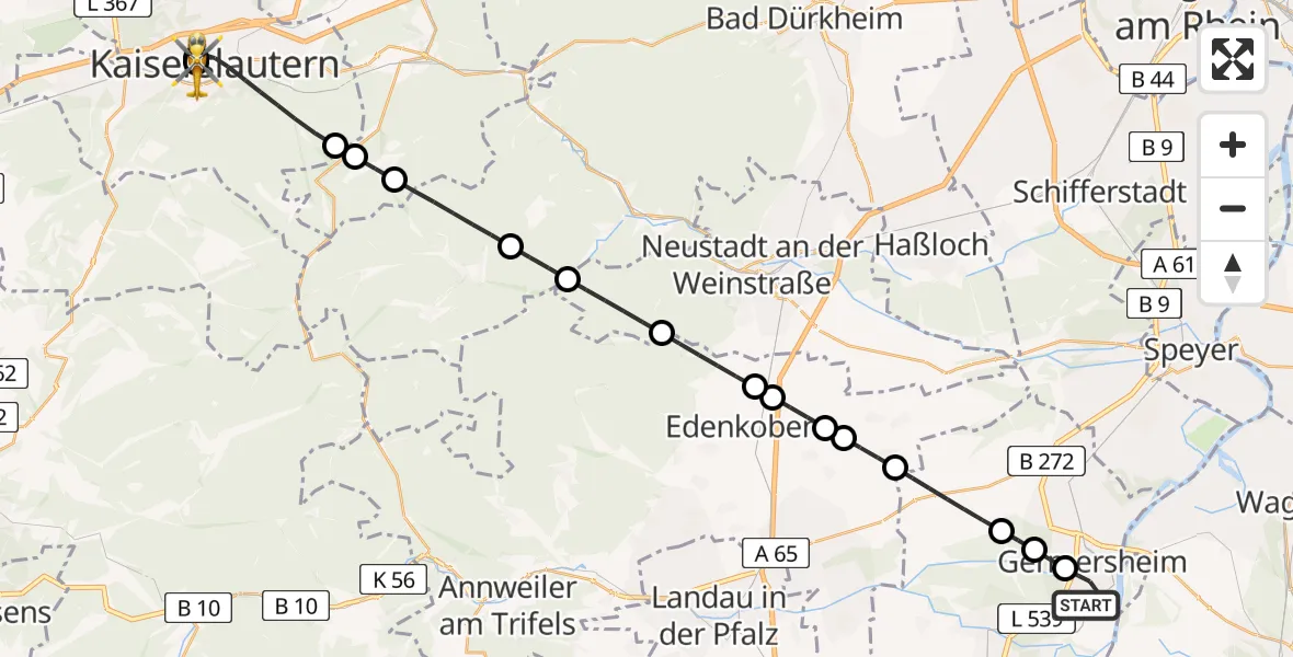 Flugroute Rettungshubschrauber Germersheim - Westpfalz Hospital Kaiserslautern, 26 Juni 2026, 21:56