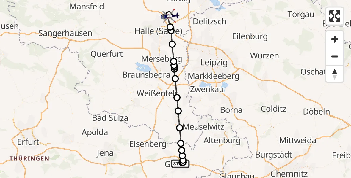 Flugroute Polizeihubschrauber Gera-Leumnitz Flugplatz - Halle-Oppin Flugplatz, 26 Juni 2026, 22:47