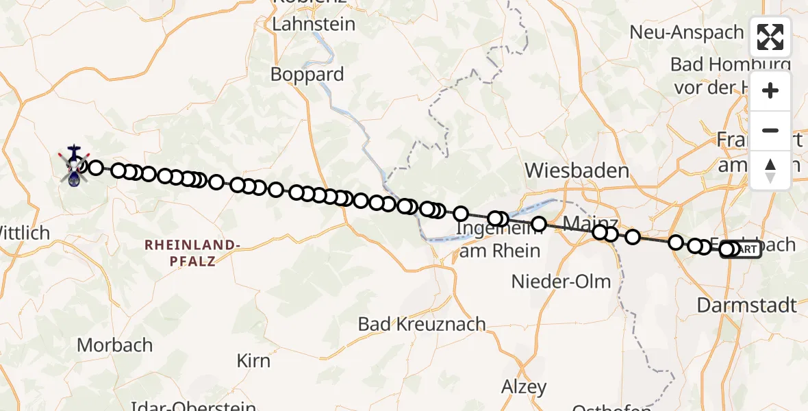 Flugroute Polizeihubschrauber Flughafen Frankfurt-Egelsbach - Bad Bertrich, 26 Juni 2026, 23:41