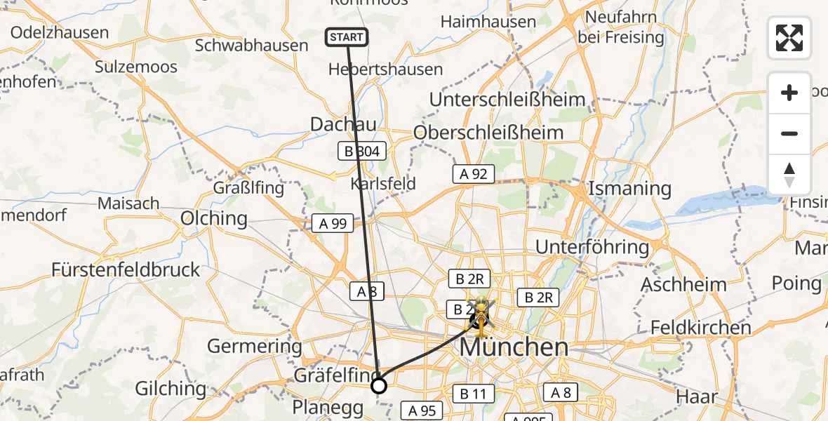 Flugroute Rettungshubschrauber Röhrmoos - Deutsches Herzzentrum München, 26 Juni 2026, 23:49
