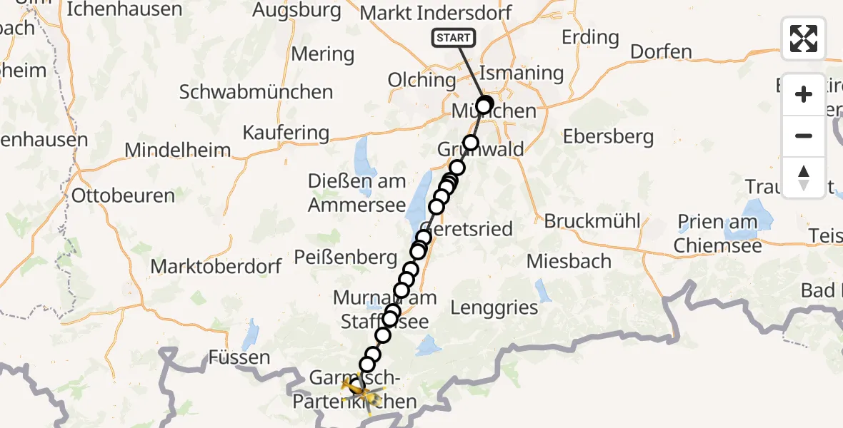 Flugroute Rettungshubschrauber Röhrmoos - Garmisch-Partenkirchen, 27 Juni 2026, 00:14