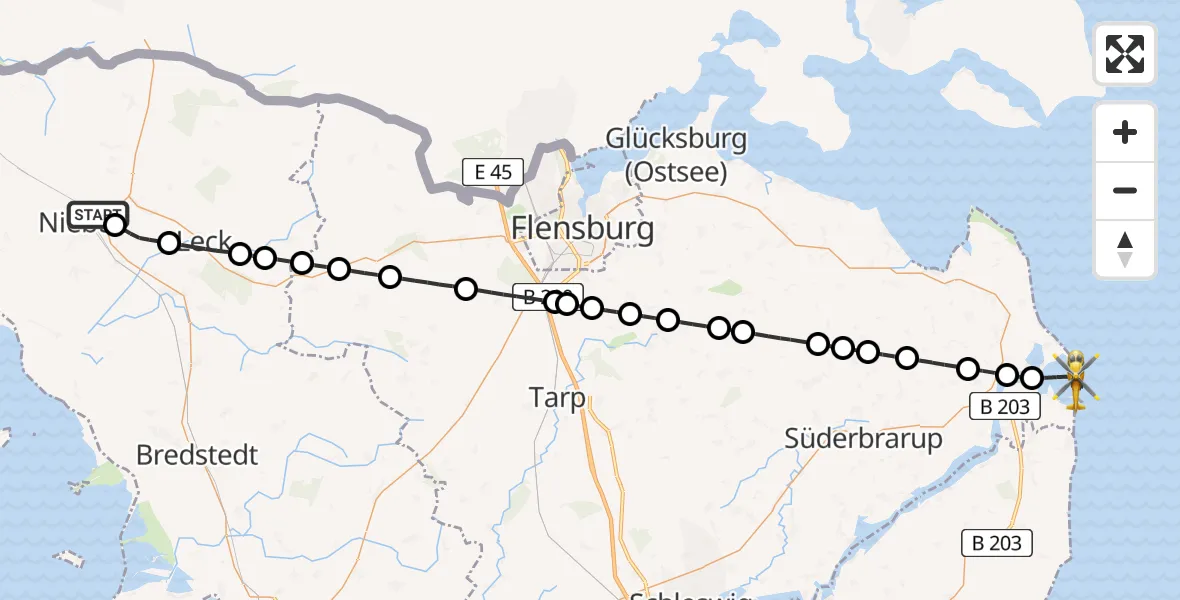 Flugroute Rettungshubschrauber Niebüll - Kappeln, 27 Juni 2026, 00:17