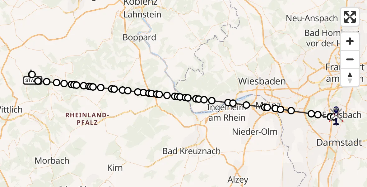 Flugroute Polizeihubschrauber Bad Bertrich - Flughafen Frankfurt-Egelsbach, 27 Juni 2026, 00:28