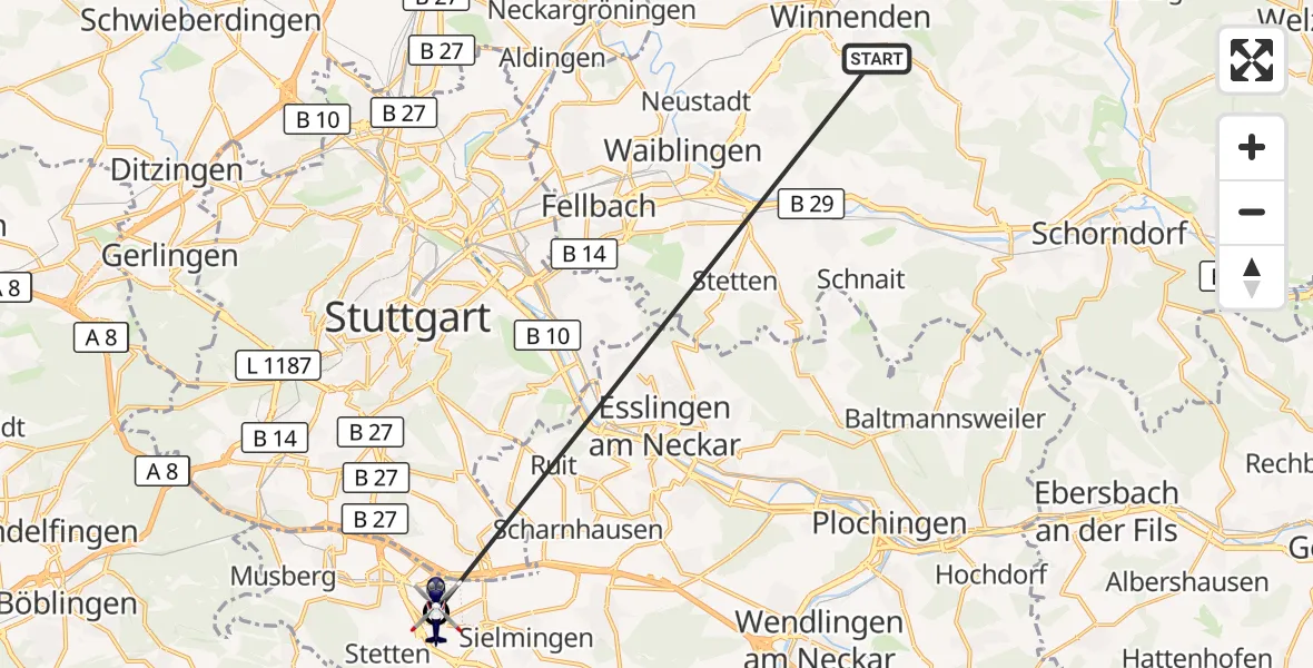 Flugroute Polizeihubschrauber Winnenden - Flughafen Stuttgart, 27 Juni 2026, 00:37