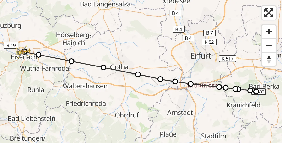 Flugroute Ambulanzhubschrauber Bad Berka Central Hospital - Sankt Georg Hospital Eisenach, 27 Juni 2026, 01:06