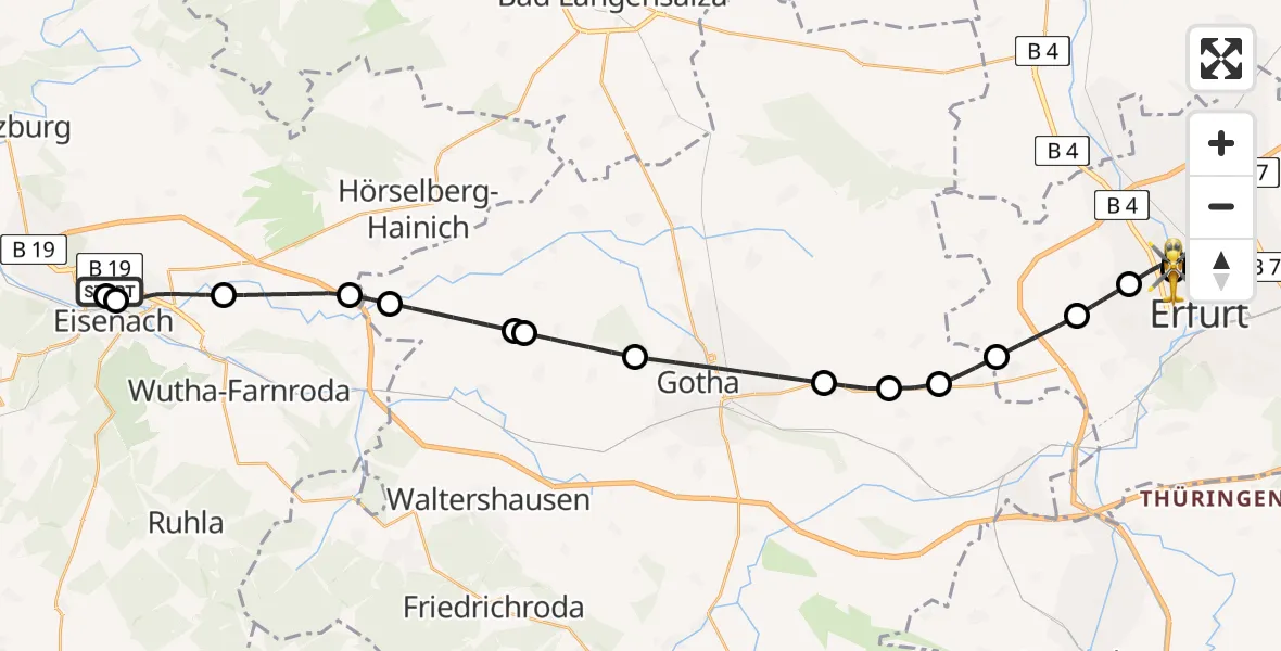 Flugroute Ambulanzhubschrauber Sankt Georg Hospital Eisenach - Helios Clinic Erfurt, 27 Juni 2026, 01:48