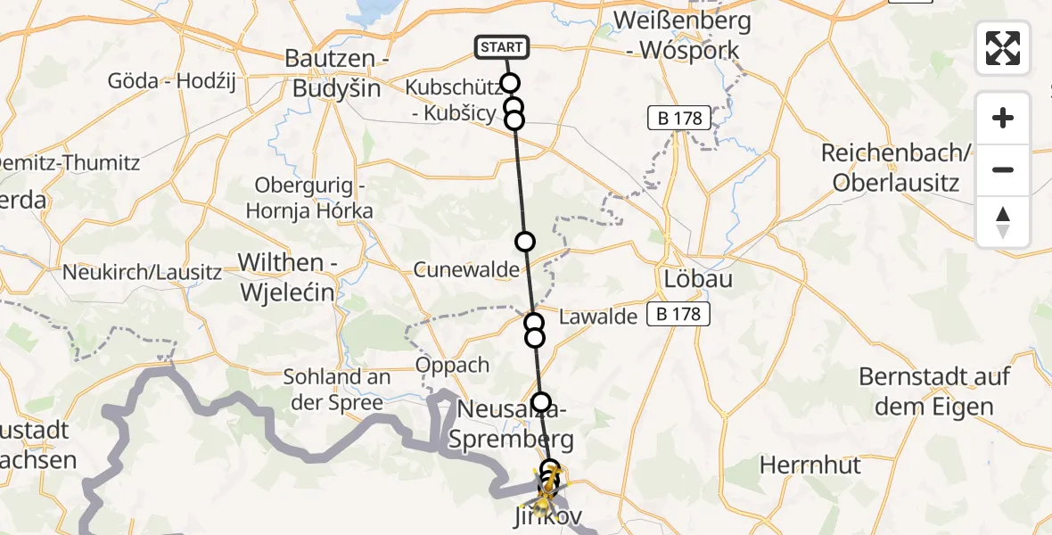 Flugroute Rettungshubschrauber Kubschütz - Oberlausitzer Bergland Hospital, 27 Juni 2026, 02:22
