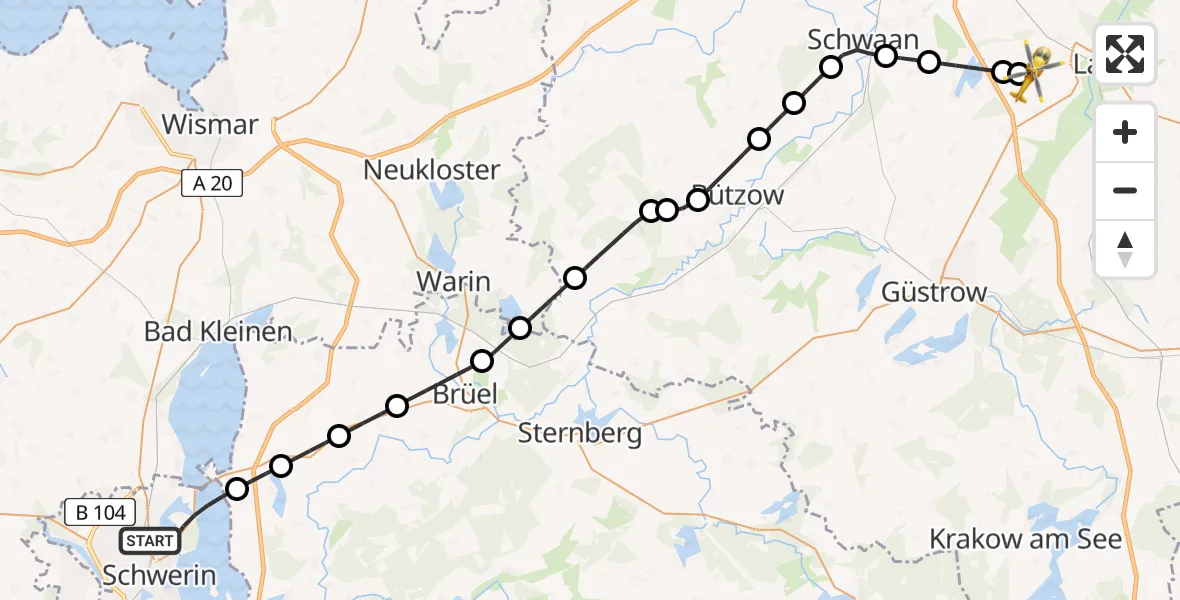 Flugroute Rettungshubschrauber Schwerin - Flughafen Rostock-Laage, 27 Juni 2026, 02:37