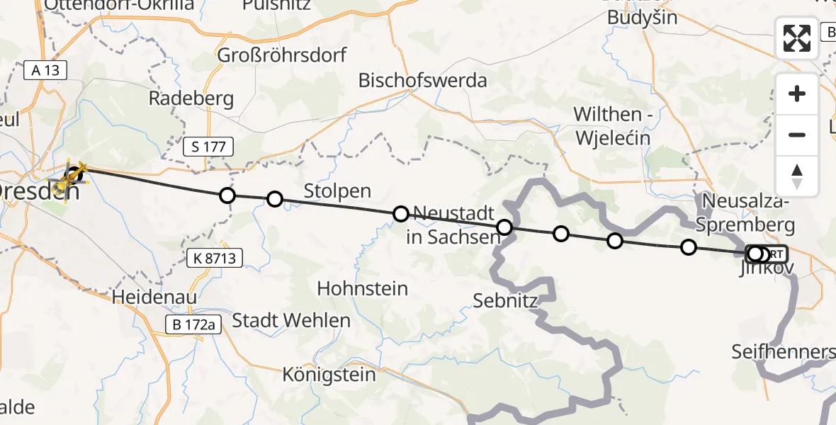 Flugroute Rettungshubschrauber Oberlausitzer Bergland Hospital - Dresden University Hospital, 27 Juni 2026, 02:53