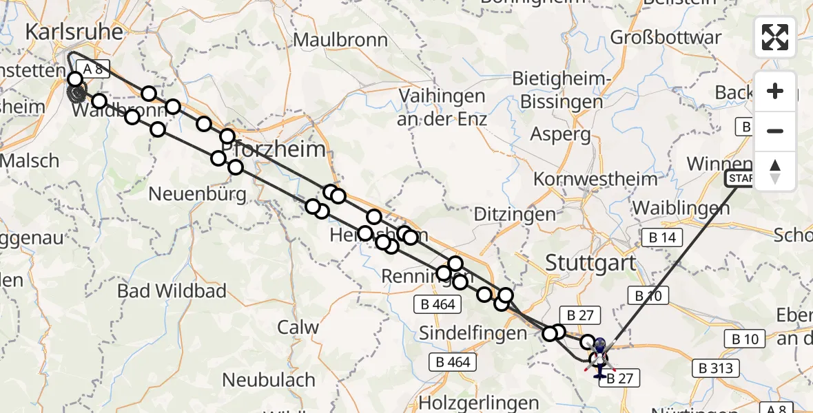 Flugroute Polizeihubschrauber Winnenden - Flughafen Stuttgart, 27 Juni 2026, 03:11