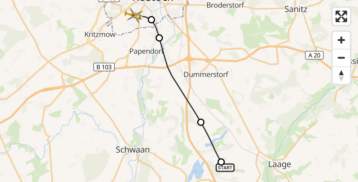 Flugroute Rettungshubschrauber Flughafen Rostock-Laage - Rostock, 27 Juni 2026, 03:16