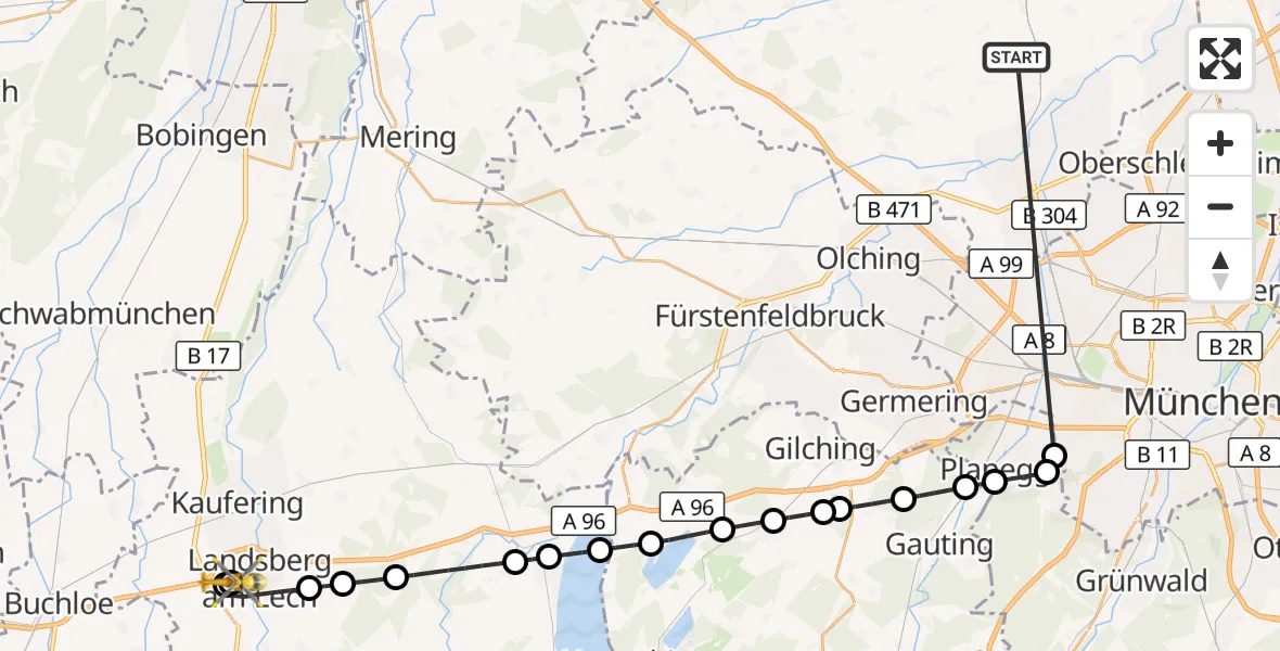 Flugroute Rettungshubschrauber Röhrmoos - Landsberg am Lech Hospital, 27 Juni 2026, 03:45