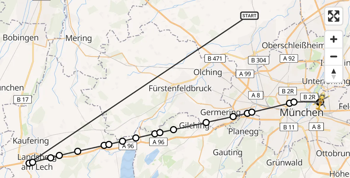 Flugroute Rettungshubschrauber Röhrmoos - München Bogenhausen Hospital, 27 Juni 2026, 04:34