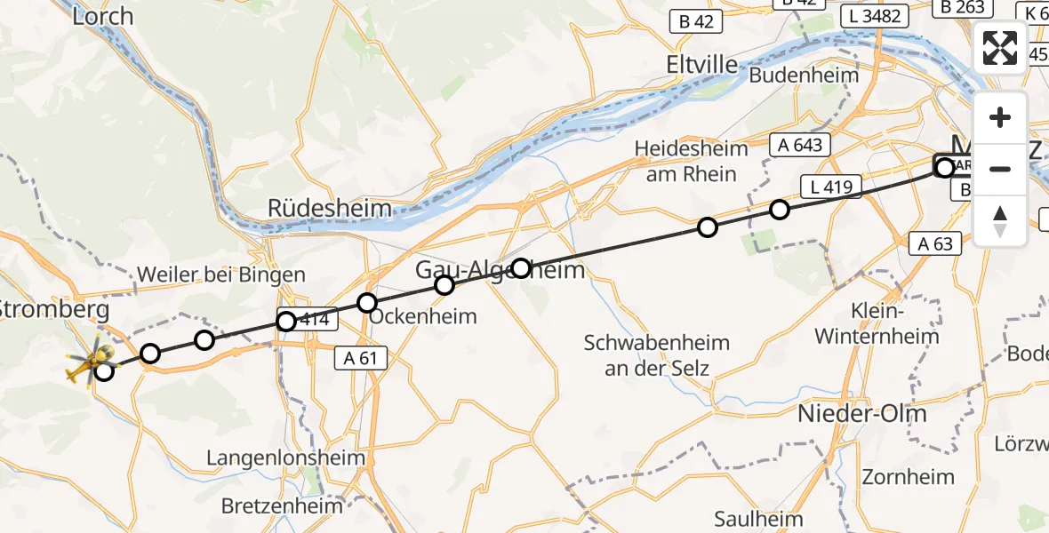 Flugroute Rettungshubschrauber Mainz University Hospital - Schweppenhausen, 27 Juni 2026, 05:12