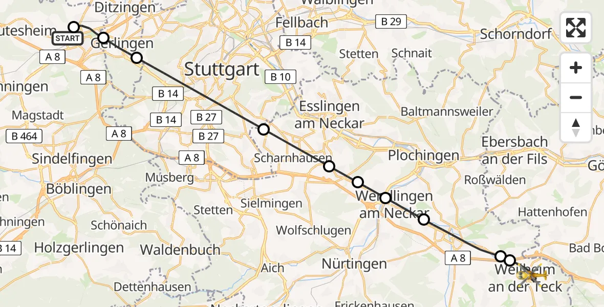 Flugroute Rettungshubschrauber Leonberg Hospital - Weilheim an der Teck, 27 Juni 2026, 05:13