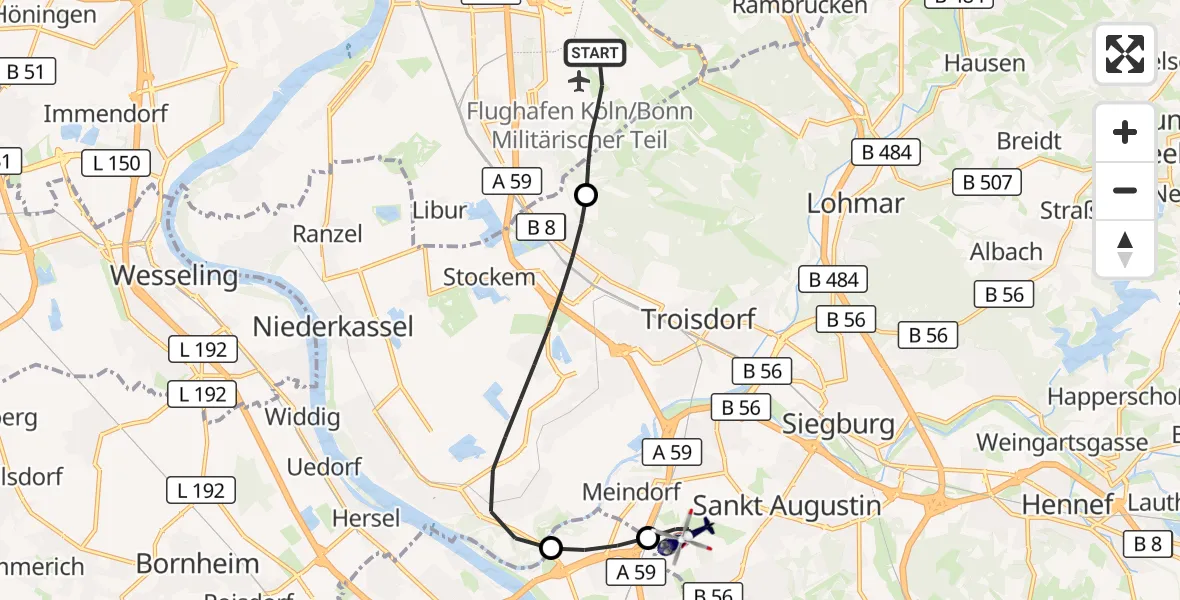 Flugroute Polizeihubschrauber Köln Bonn Flughafen - Sankt Augustin, 27 Juni 2026, 05:14