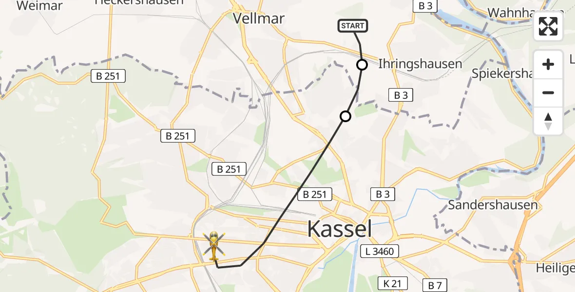 Flugroute Rettungshubschrauber Fuldatal Bundespolizei Hubschrauberlandeplatz - Kassel, 27 Juni 2026, 05:21