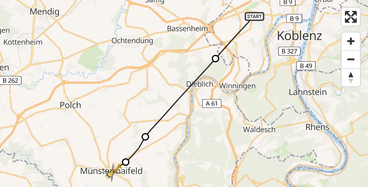 Flugroute Rettungshubschrauber Koblenz - Münstermaifeld, 27 Juni 2026, 05:22