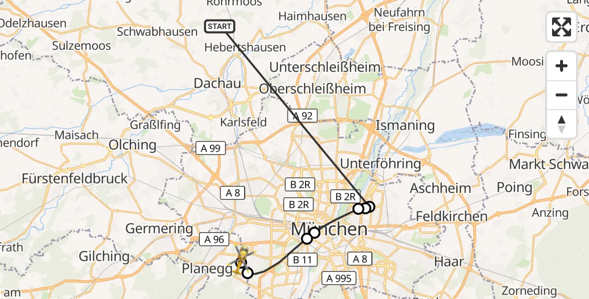 Flugroute Rettungshubschrauber Röhrmoos - DRF Air Rescue München Hubschrauberlandeplatz, 27 Juni 2026, 05:24