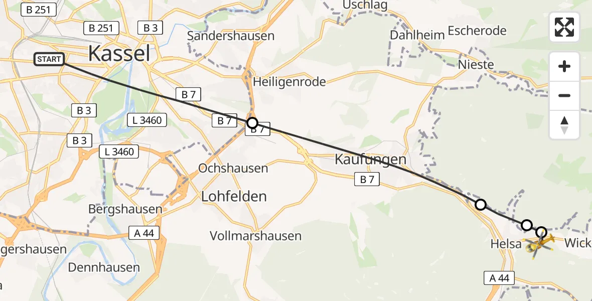 Flugroute Rettungshubschrauber Kassel - Helsa, 27 Juni 2026, 05:39