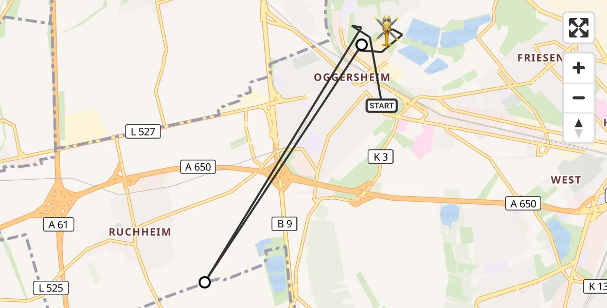 Flugroute Rettungshubschrauber Ludwigshafen am Rhein - Ludwigshafen am Rhein, 27 Juni 2026, 05:44