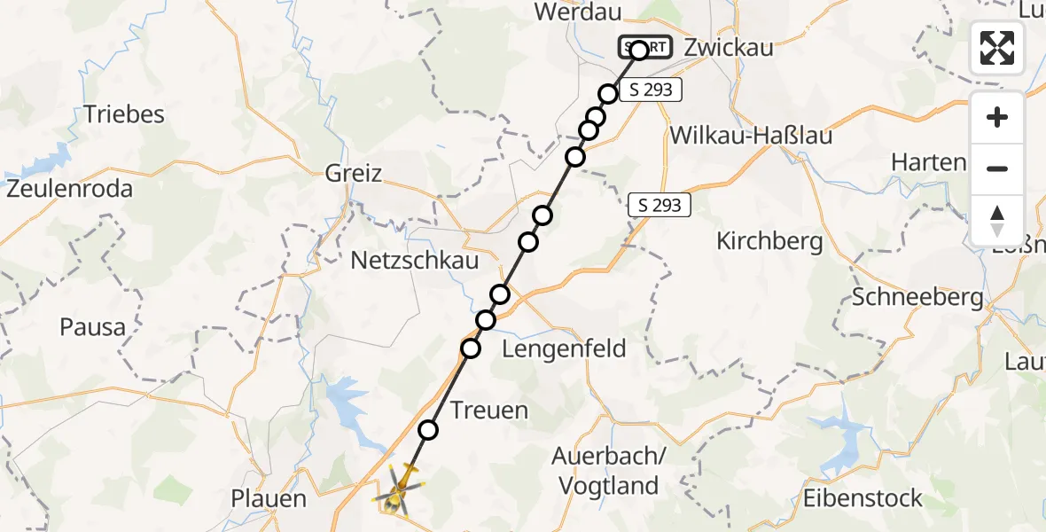 Flugroute Rettungshubschrauber ADAC Air Rescue Station Zwickau Hubschrauberlandeplatz - Neuensalz, 27 Juni 2026, 05:55
