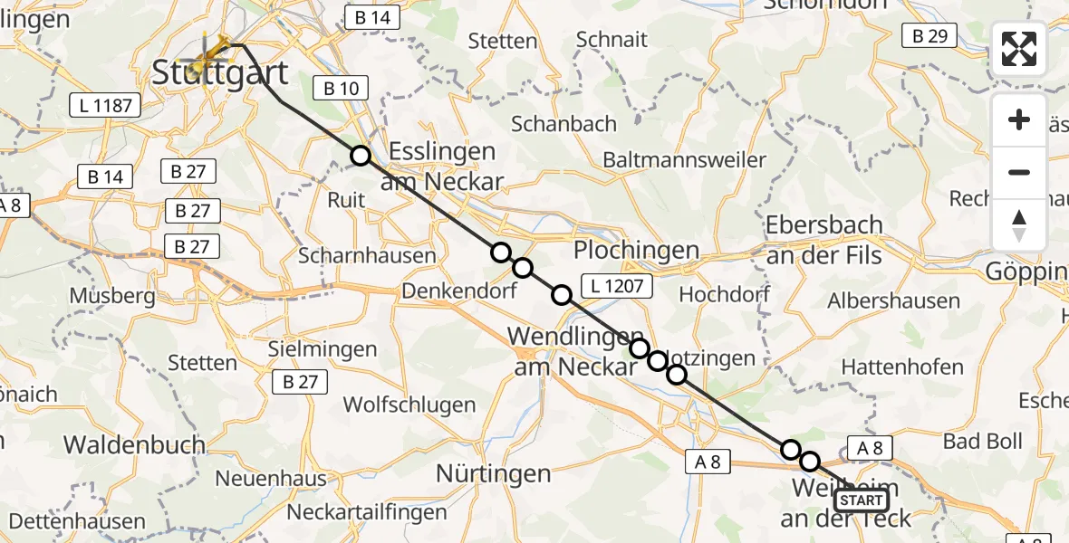 Flugroute Rettungshubschrauber Weilheim an der Teck - Stuttgart, 27 Juni 2026, 05:56