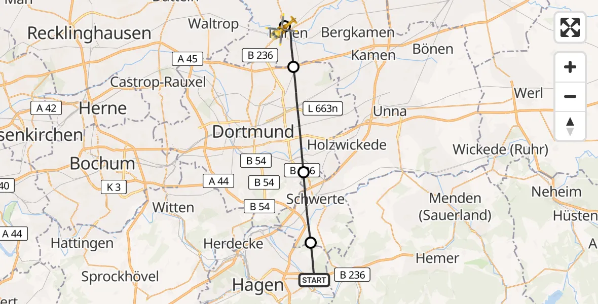 Flugroute Rettungshubschrauber Hagen - Sankt Marien Hospital, 27 Juni 2026, 06:04