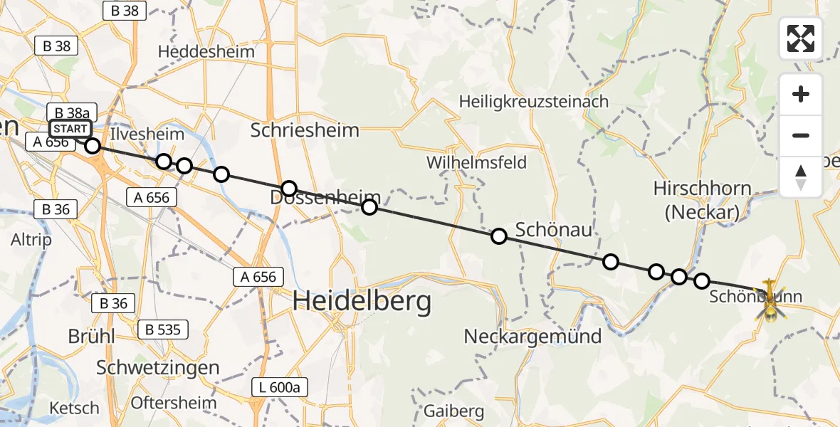 Flugroute Rettungshubschrauber Mannheim-City Flughafen - Schönbrunn, 27 Juni 2026, 06:06