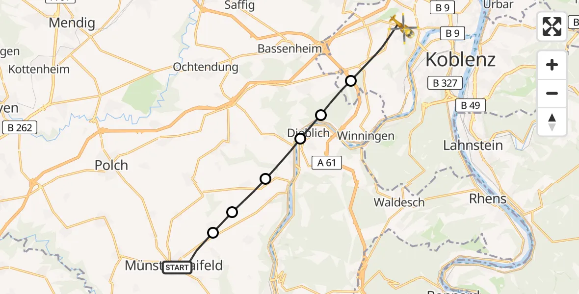 Flugroute Rettungshubschrauber Münstermaifeld - Koblenz, 27 Juni 2026, 06:07